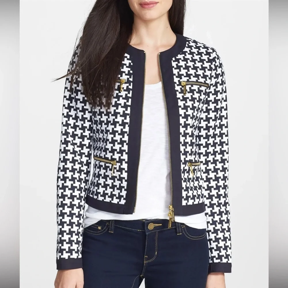 Michael Michael Kors Black White Houndstooth Zip Jacket Size 14 Gold Zippers